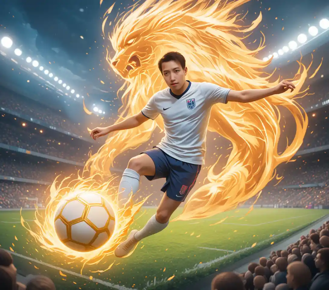 Anime soccer player volley with roaring golden lion spirit
