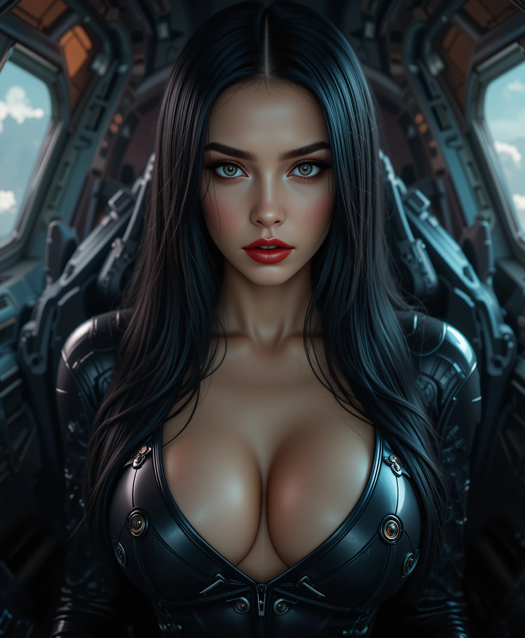 Seductive android woman in a futuristic starfighter cockpit