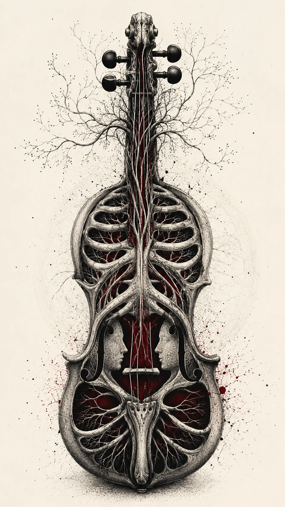 Surreal anatomical violin carved from a human rib cage