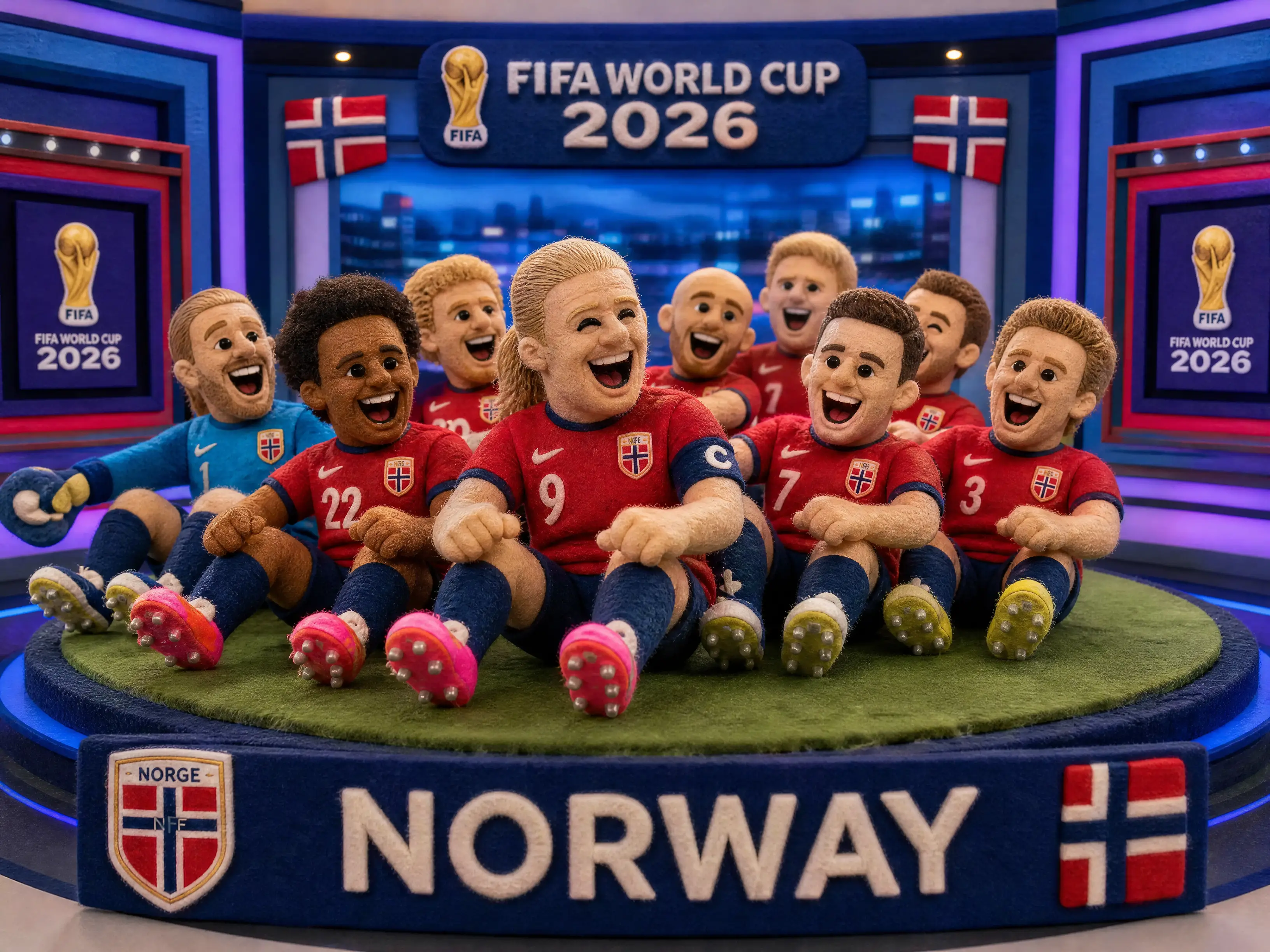Norwegian felt soccer team laughing in bright studio set