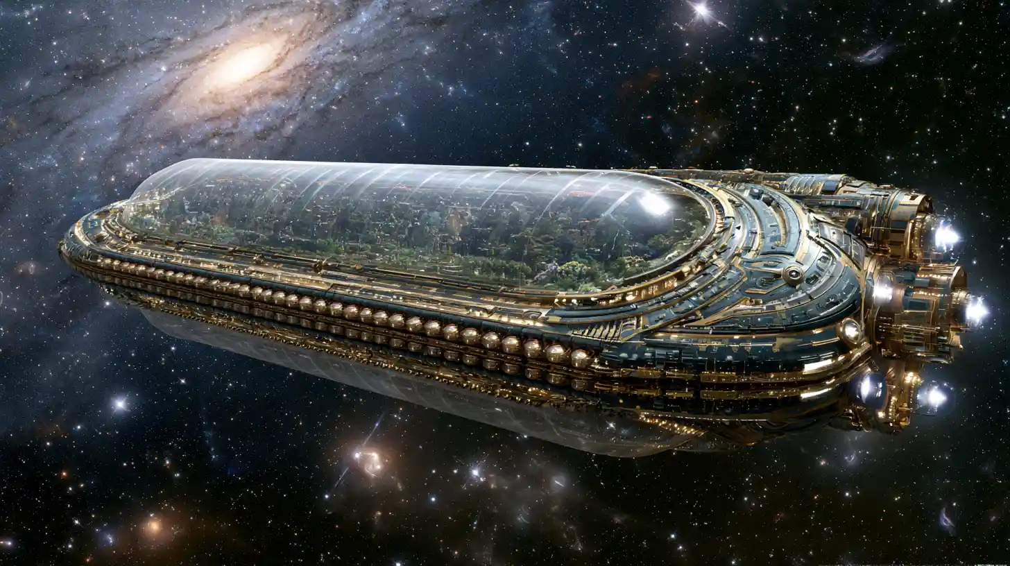 Vast generational spaceship gliding through star filled cosmos
