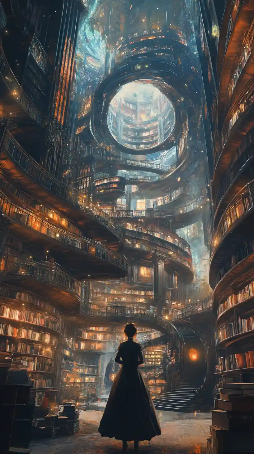 Surreal collapsing library with a focused woman in foreground