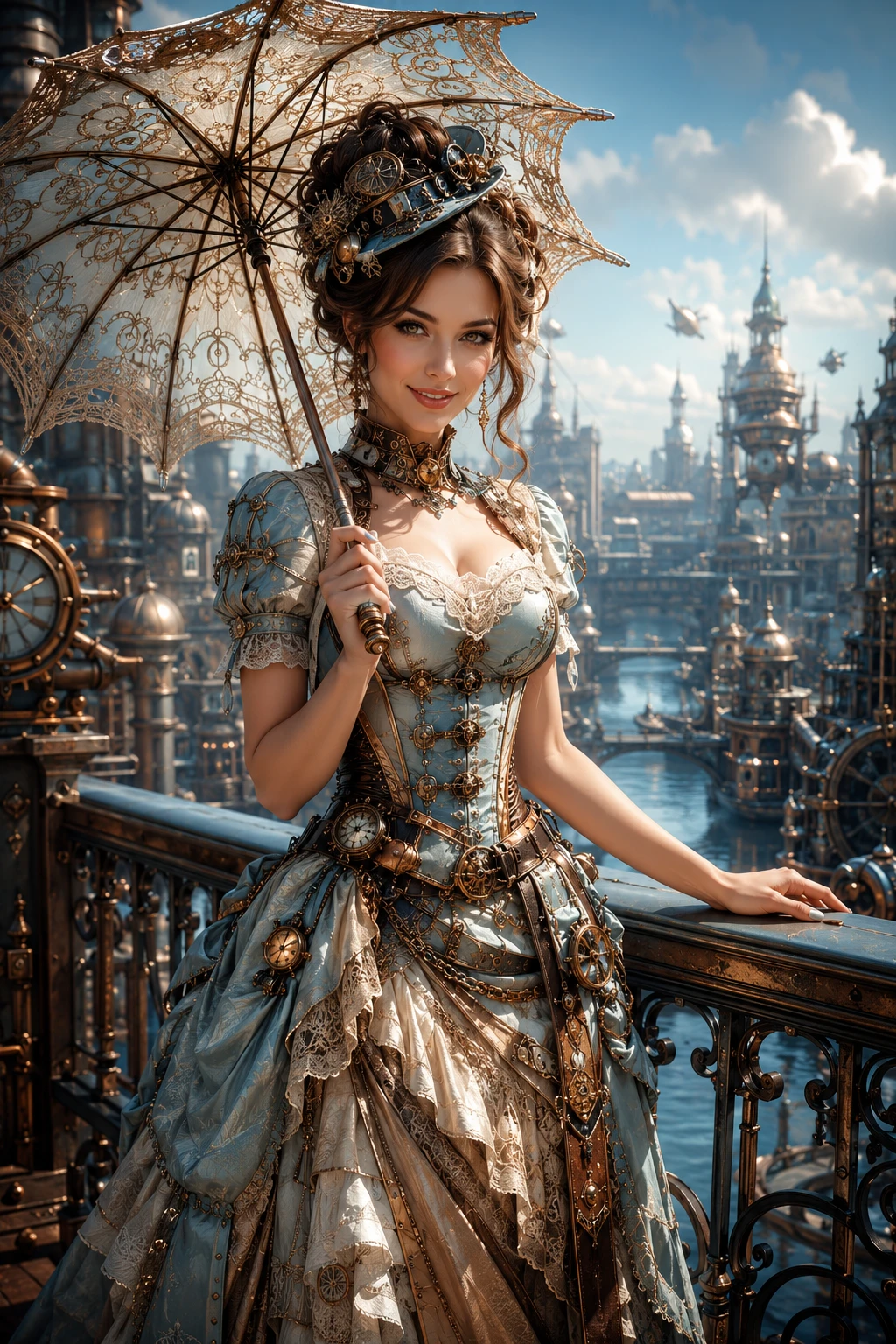 Steampunk fashion woman on a city veranda with parasol