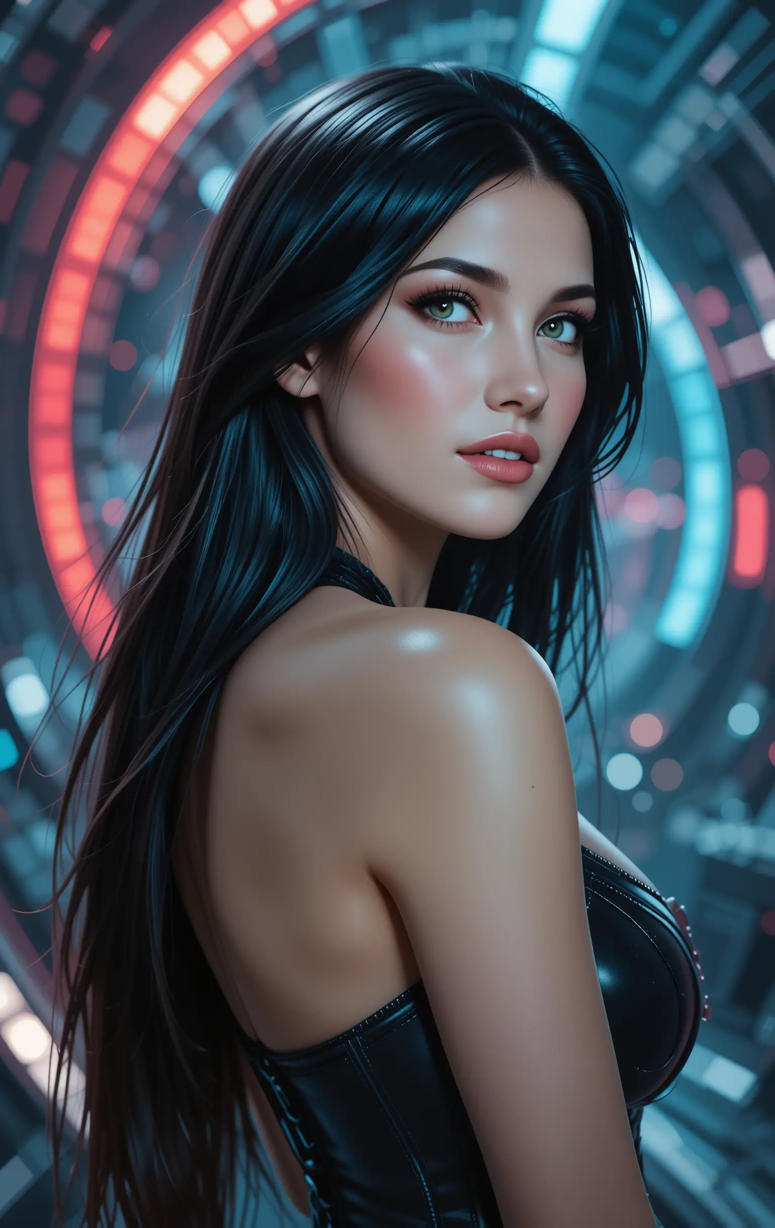 Futuristic femme fatale with green eyes in deep space
