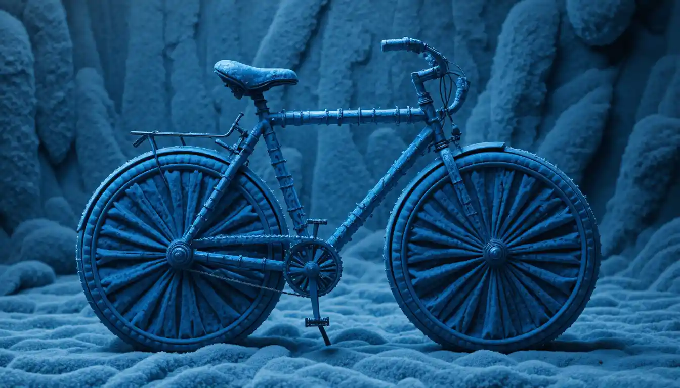 Surreal blue chenille bicycle in a dreamy abstract scene