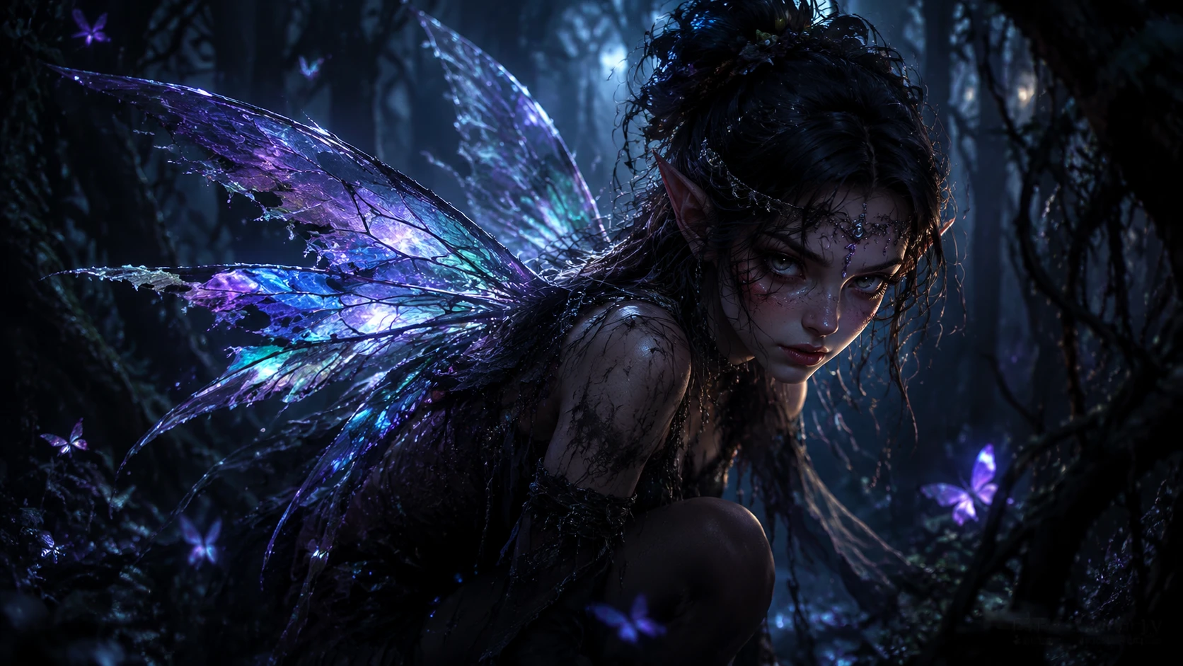 Defiant rogue fairy in shadowy forest with crystal wings