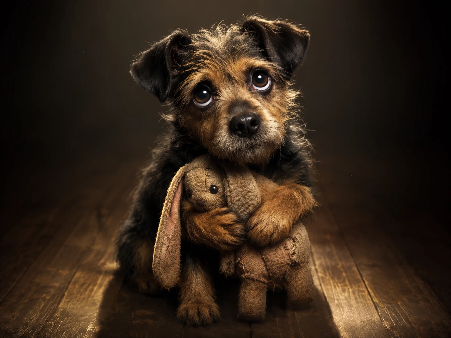 Cachorro tímido de ojos grandes con mirada anhelante