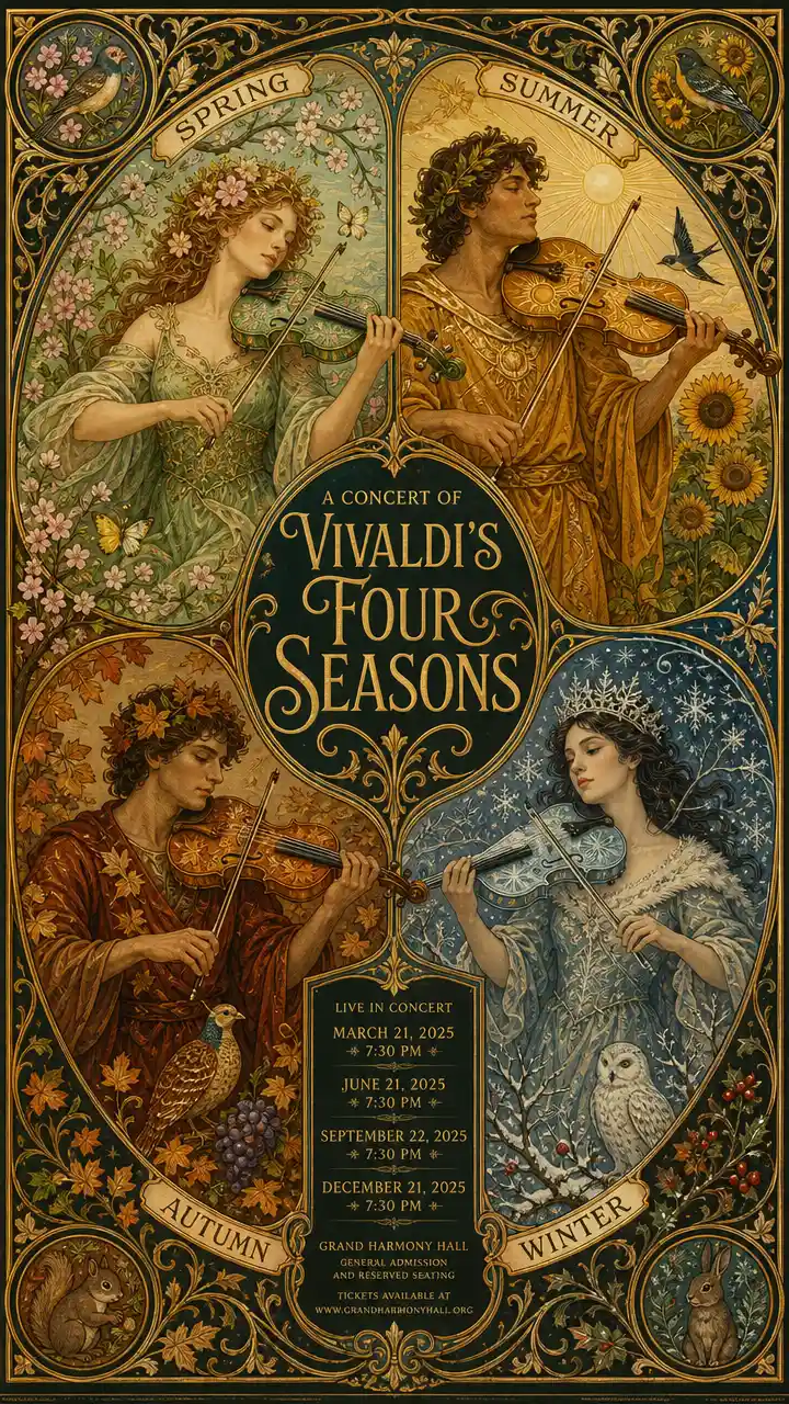 Art nouveau four seasons musicians in decorative circle