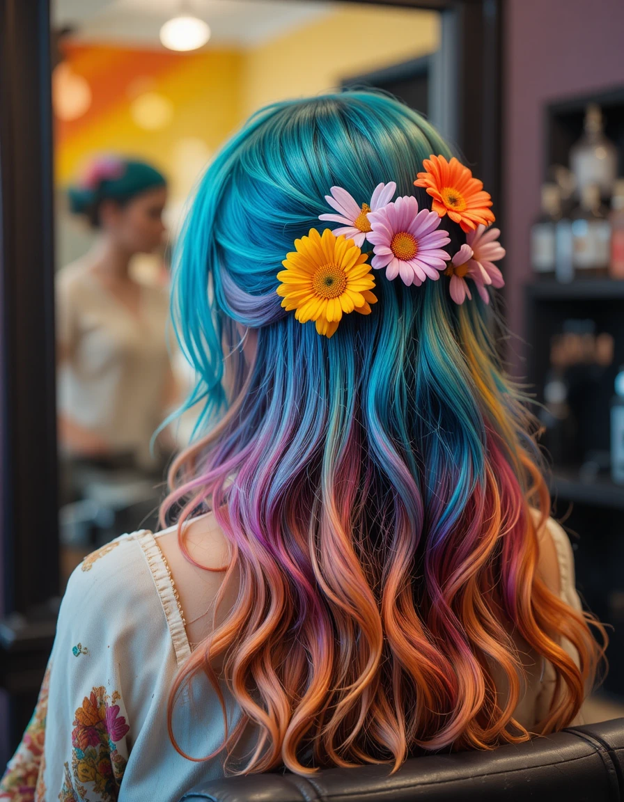 Hippie girl with rainbow flower hairstyle in salon mirror