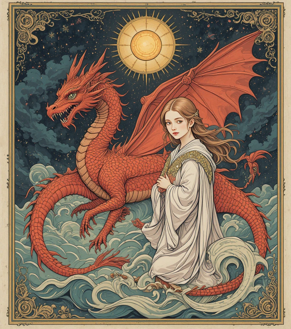 Modern fantasy vision of a great red dragon and radiant woman