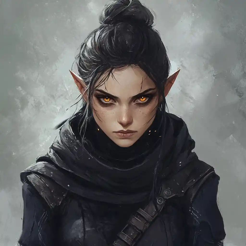 Elf rogue woman with soul knife and dark cloak