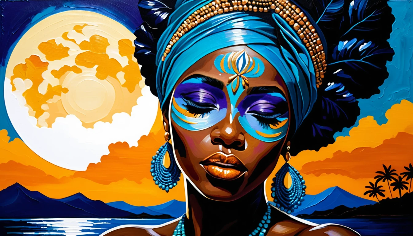 Impasto portrait of serene Black woman with jeweled headwrap