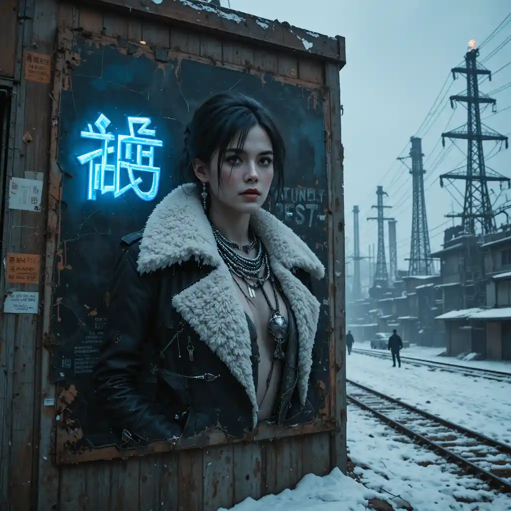 Cyberpunk heroine on neon propaganda poster in frozen city