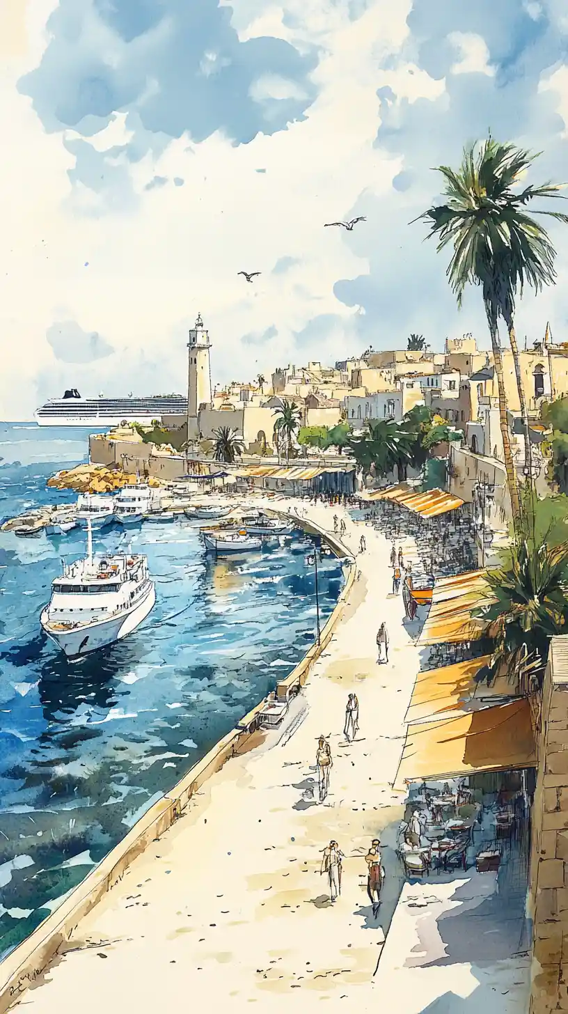 Sunlit Mediterranean harbor with cruise ship and seaside town