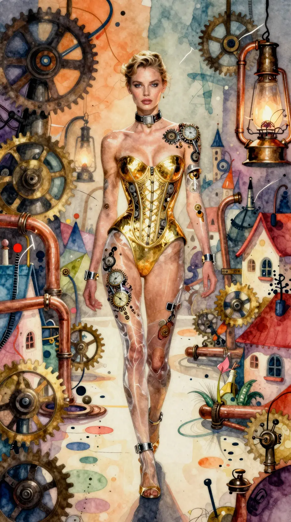 Futuristic Victorian fashion show in a surreal village