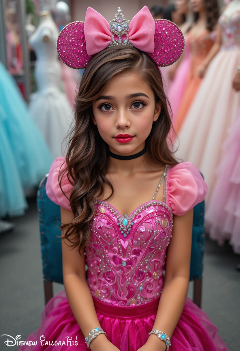 Embarrassed boy in pink princess dress in shop backroom