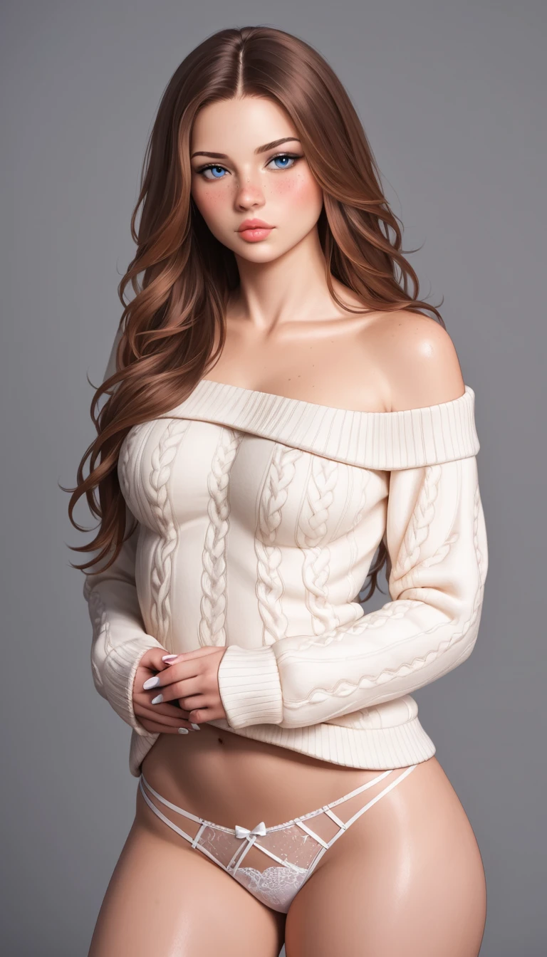 Jovem morena de suéter cinza e lingerie branca