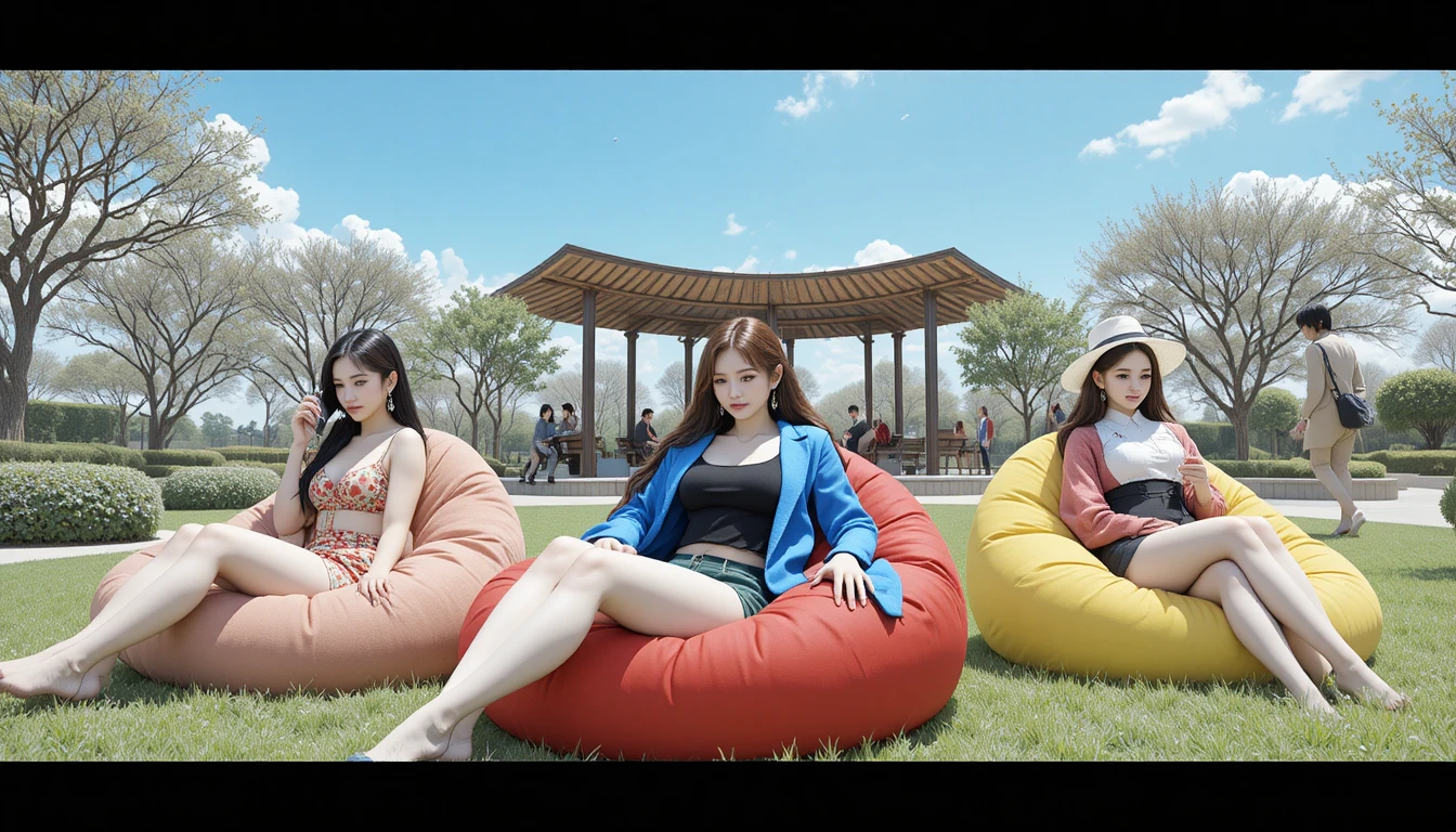 Three young women relaxing on beanbags in a sunny park