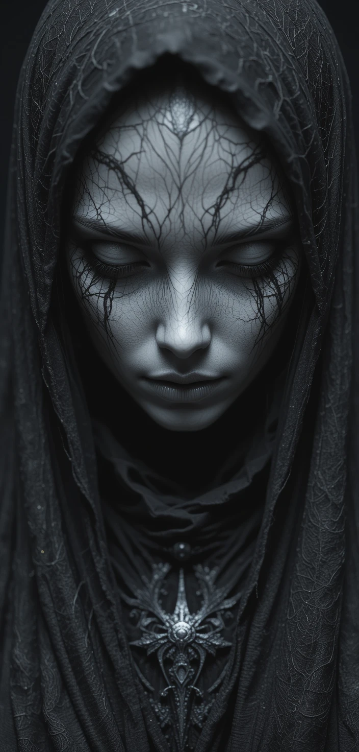 Ethereal grayscale close up of a cloaked fantasy woman