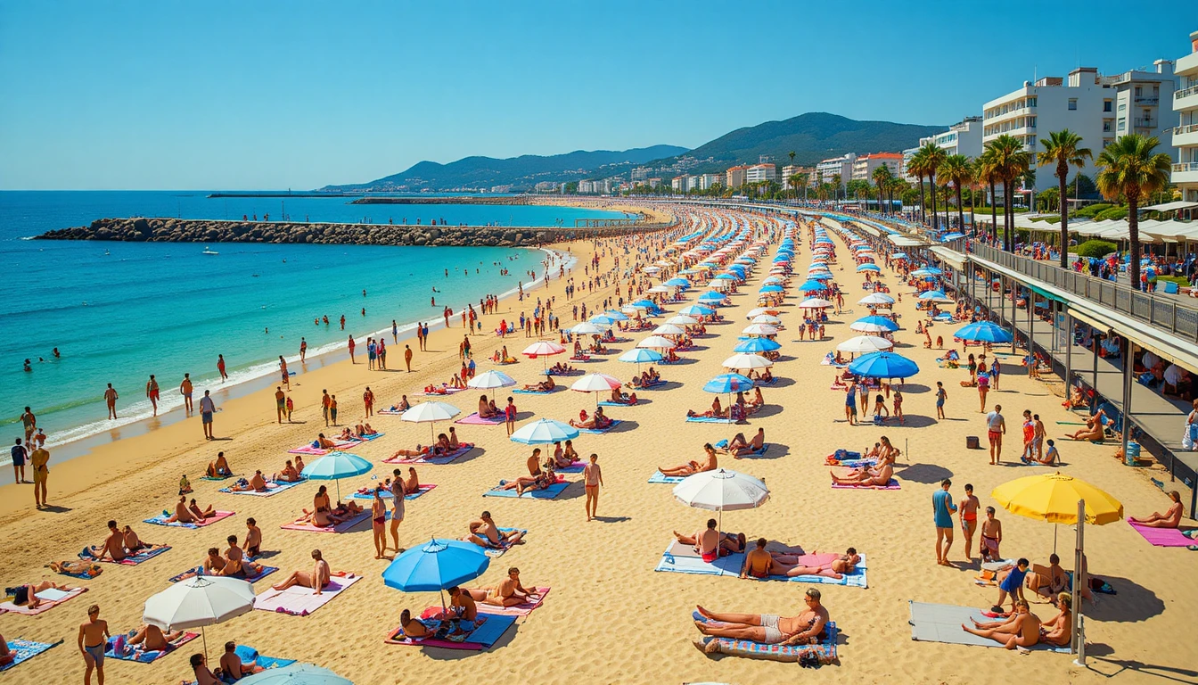 Crowded Mediterranean beach under bright midday summer sun