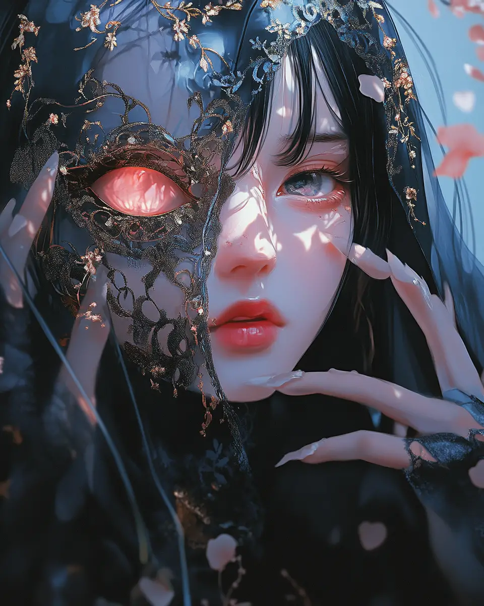 Ilustración digital de anime de misteriosas máscaras decorativas