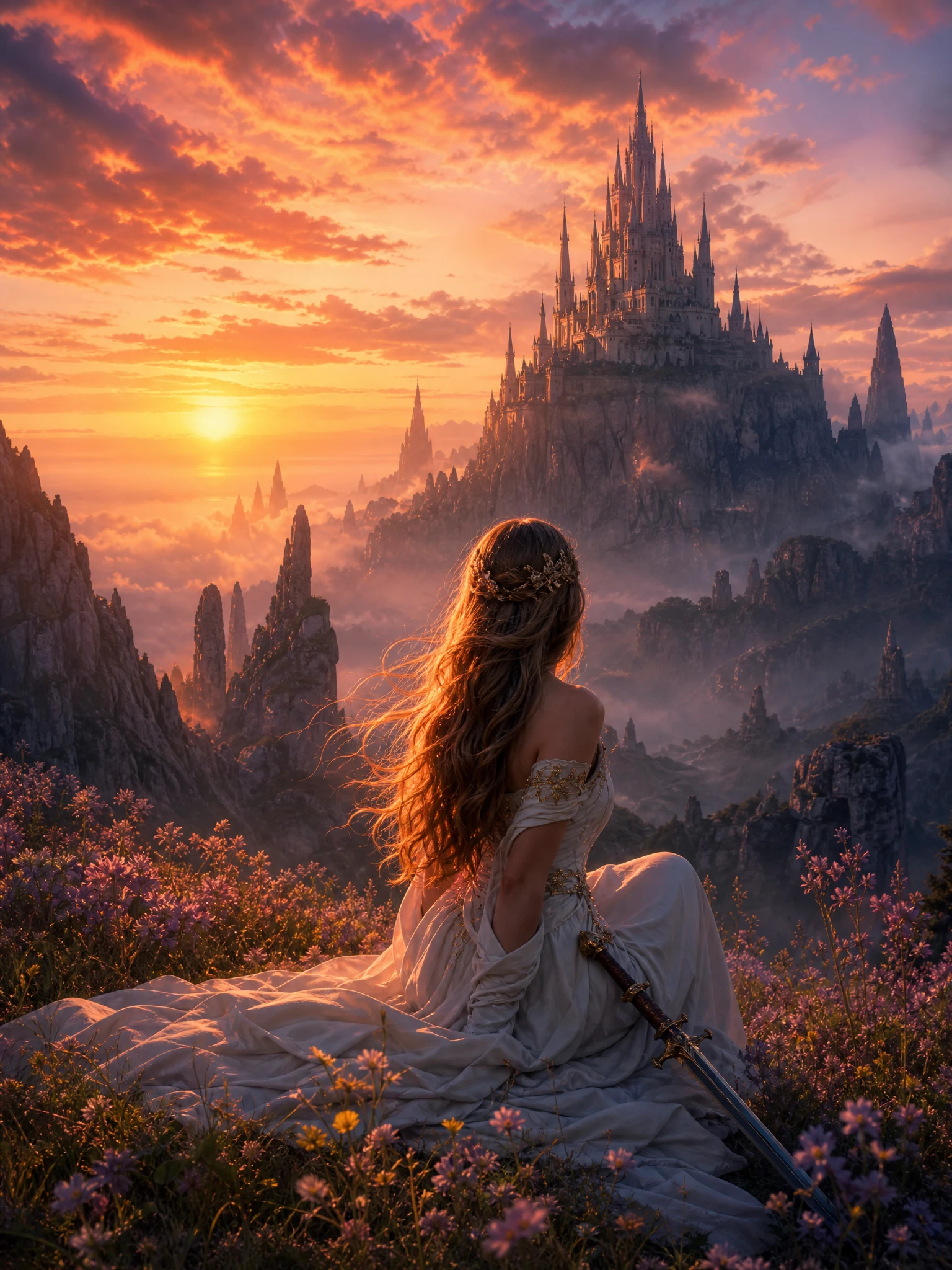 Joven con vestido blanco al atardecer en una colina fantástica