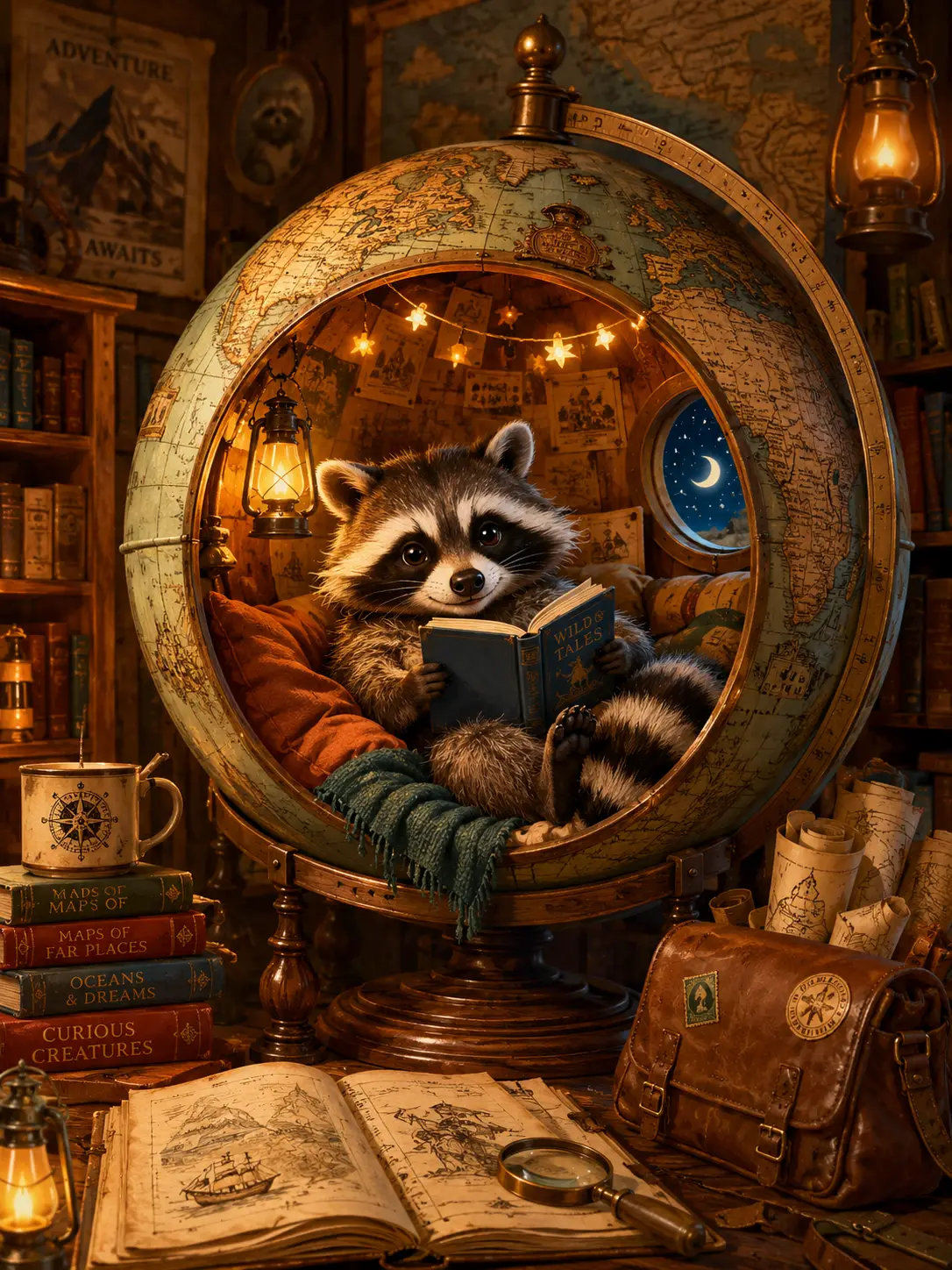 Playful raccoon reading inside a cozy antique globe pod