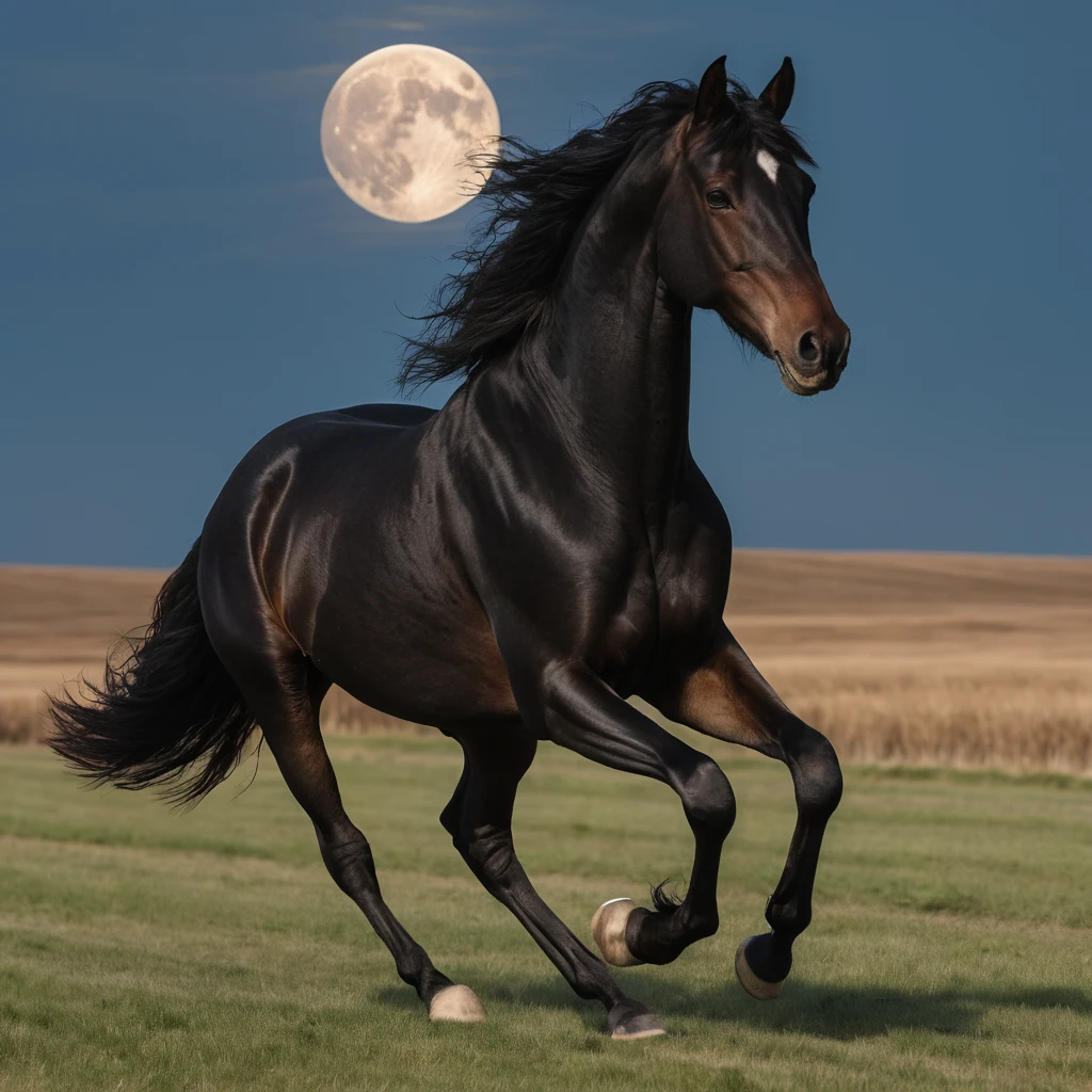 Black horse running through an open moonlit field