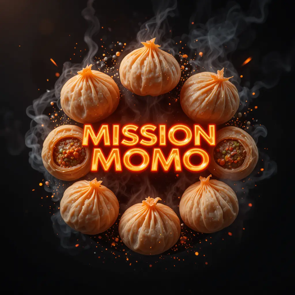 霓虹Mission Momo標誌與冒著熱氣的水餃圓環