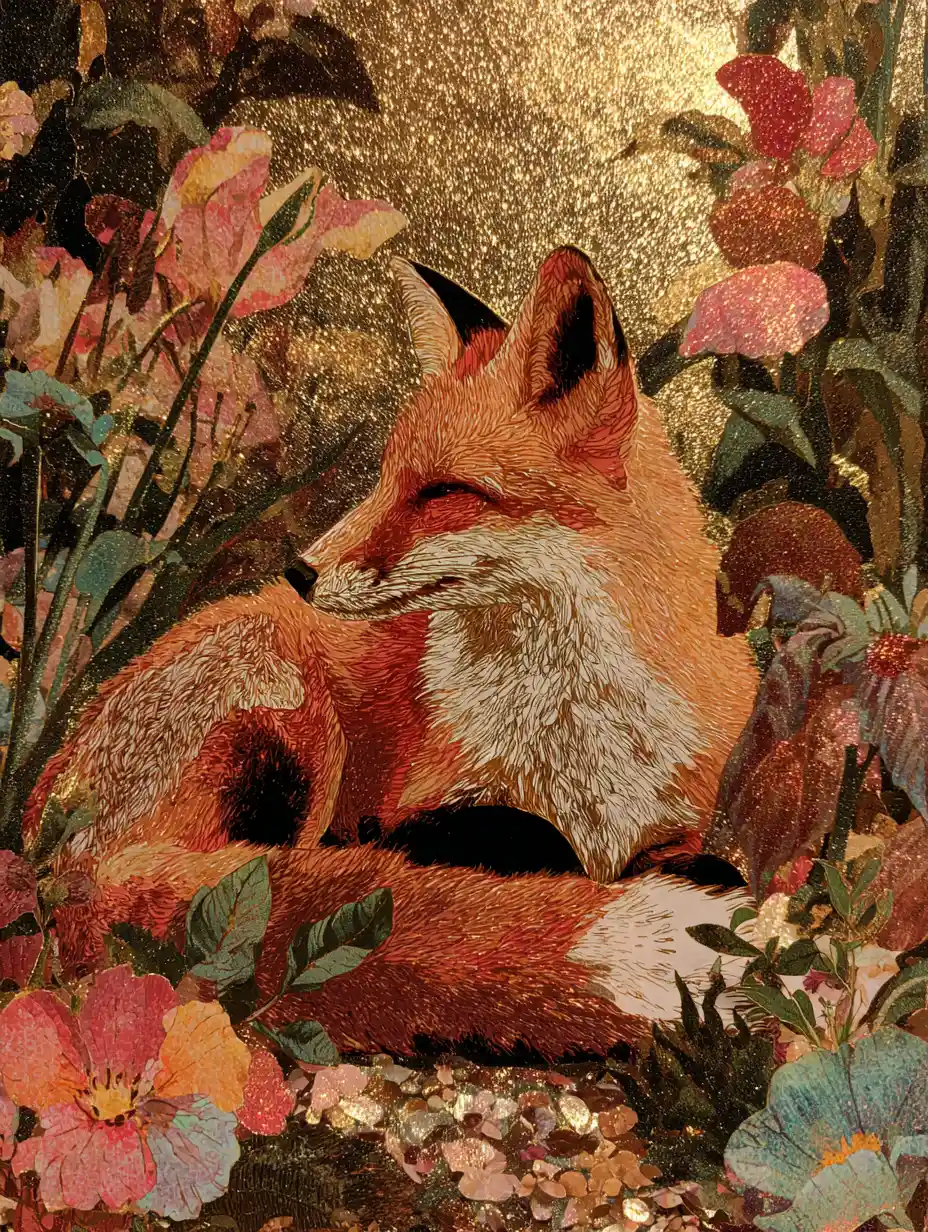 Anthropomorphic fox relaxing peacefully in a lush garden