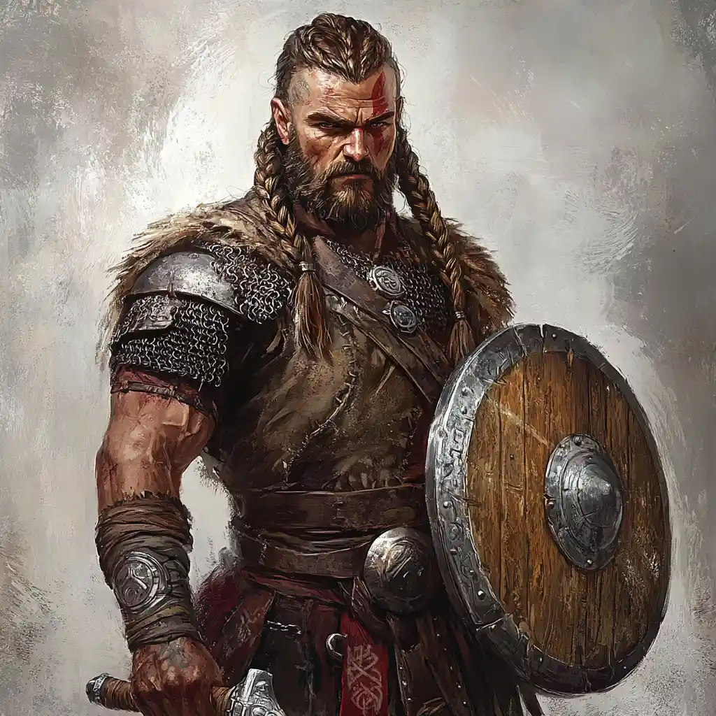 Battle worn dwarf warrior with hammer and shield