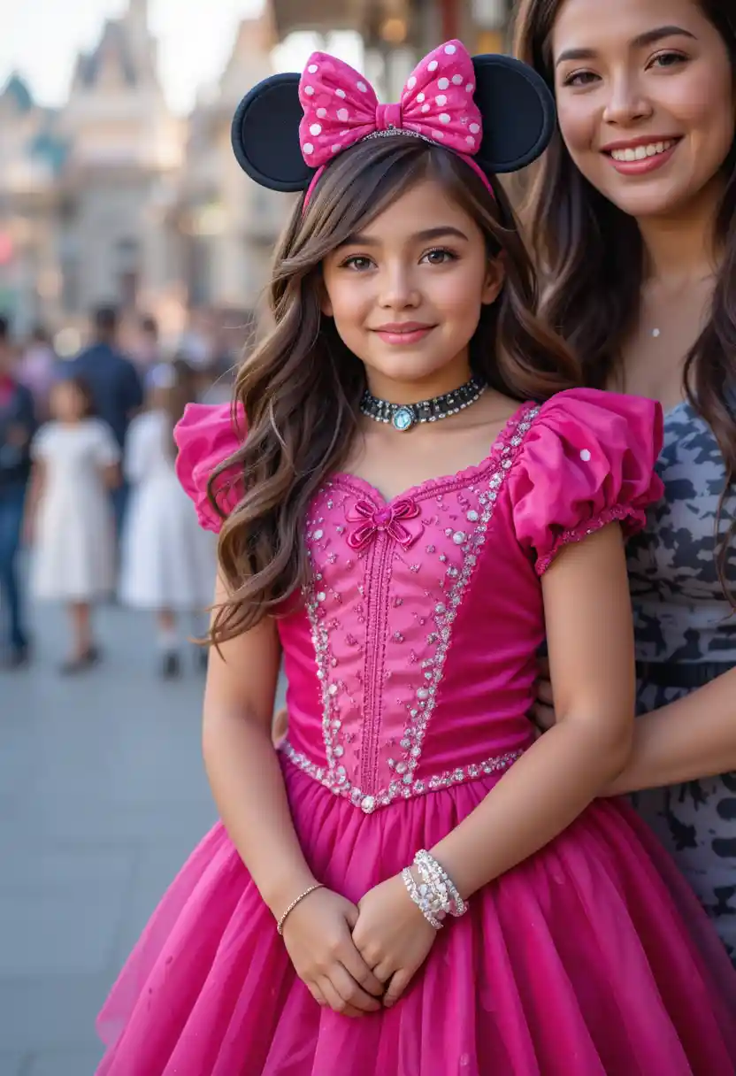 Young boy in princess dress with his mother at Disneyland