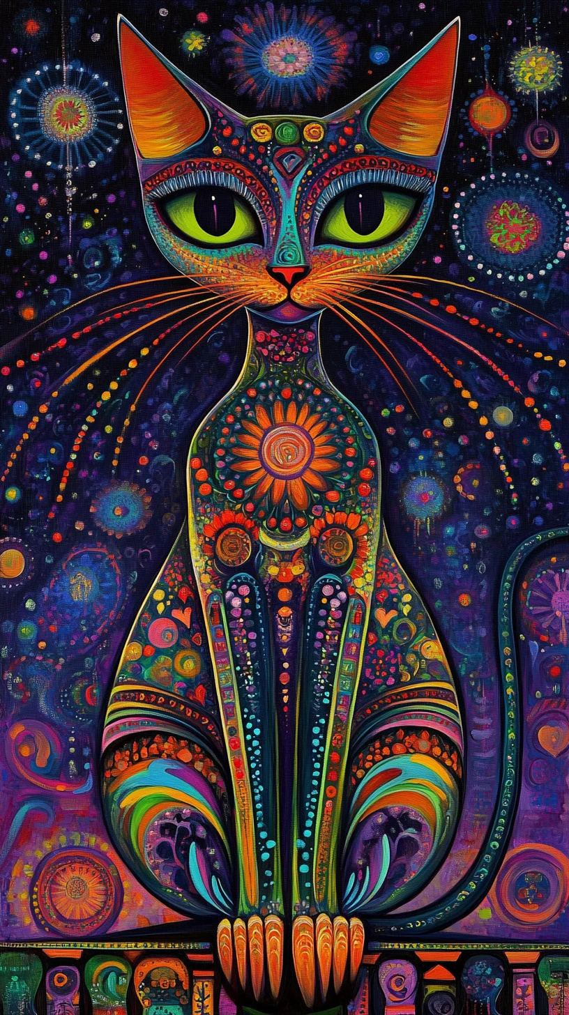 Colorful stylized cat with large eyes resting on a rooftop