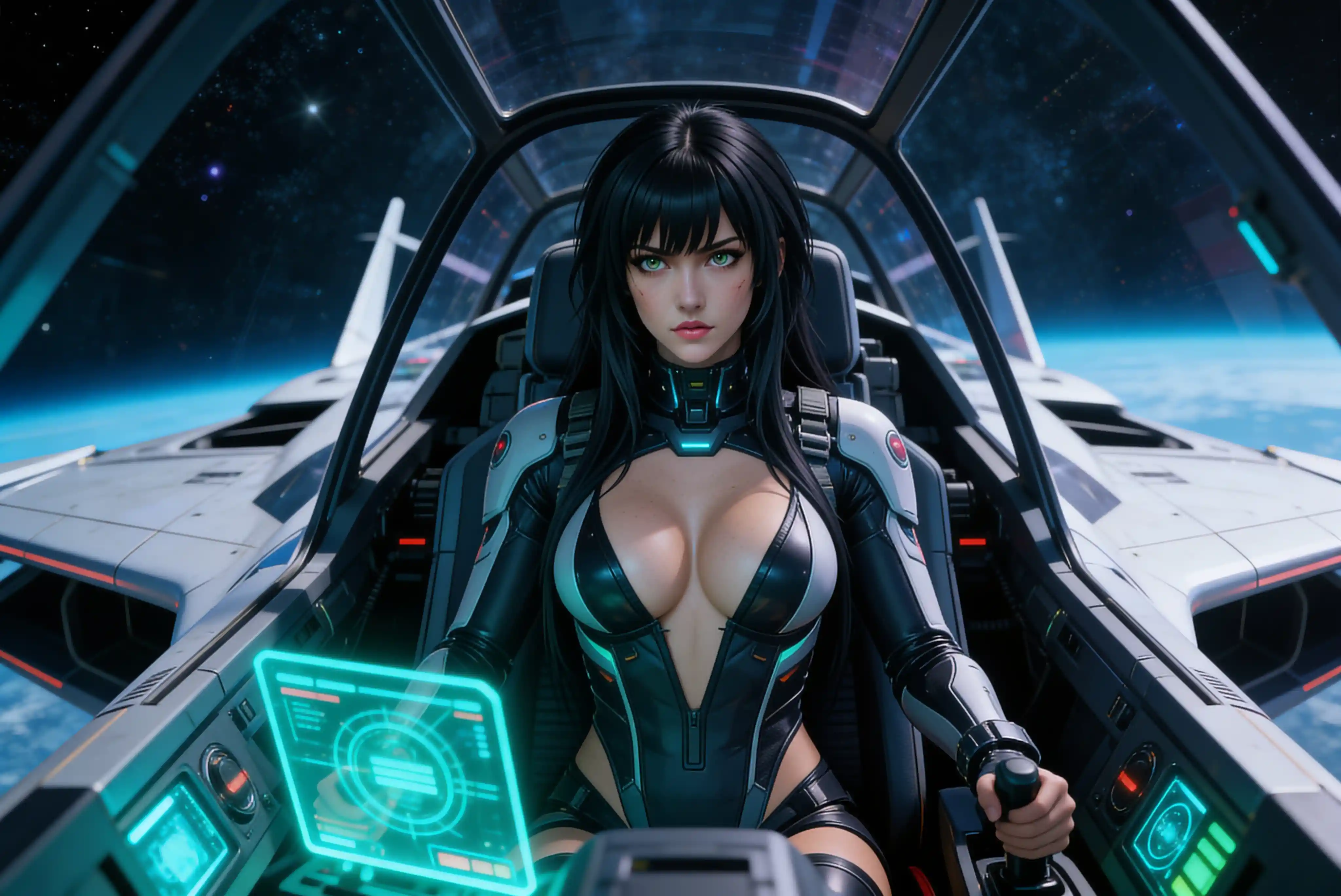 Android futuristica femme fatale in cabina di un caccia stellare