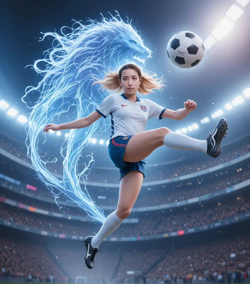 Anime lioness footballer striking a powerful airborne volley