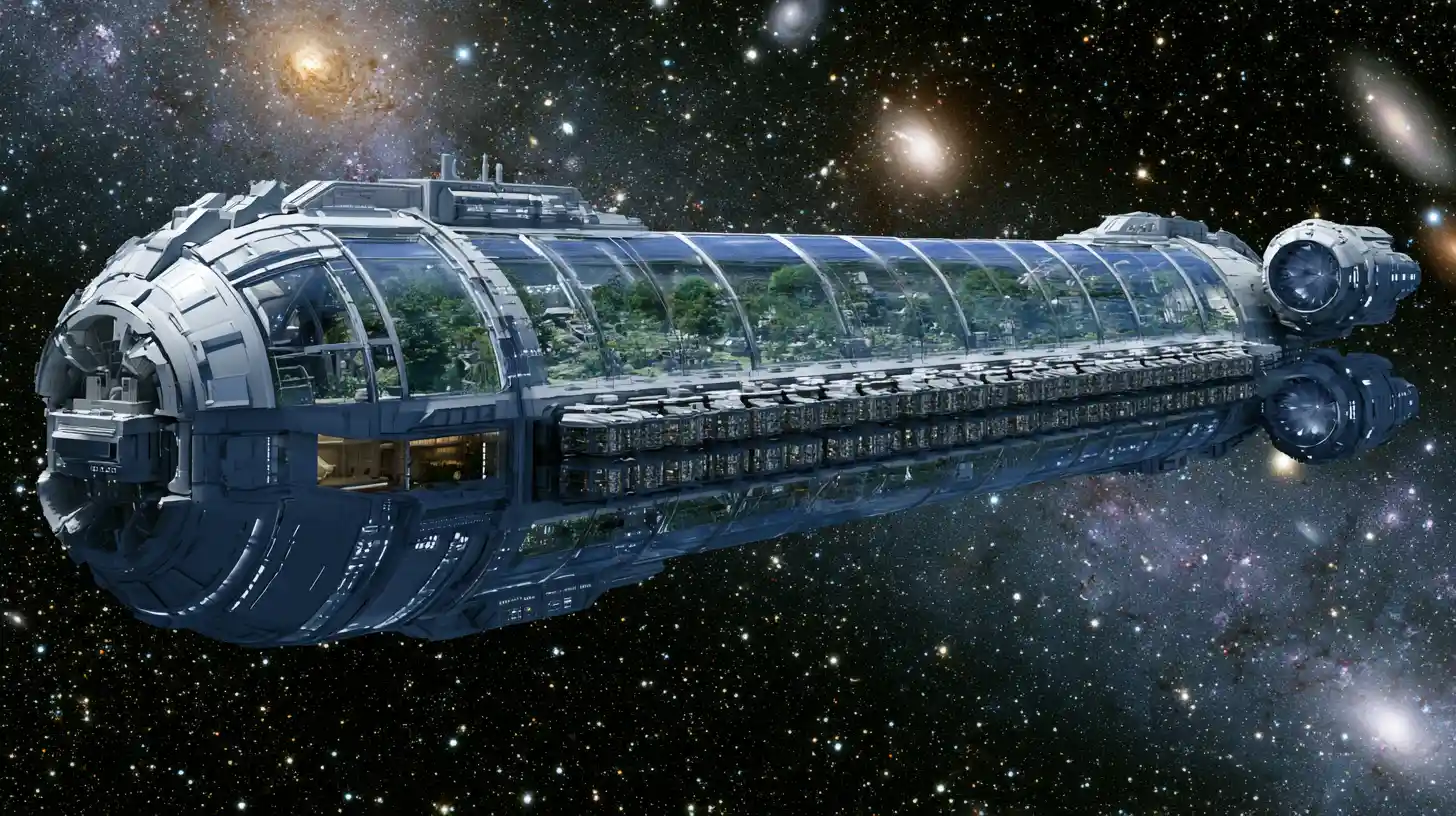 Colossal generational spaceship gliding through deep outer space