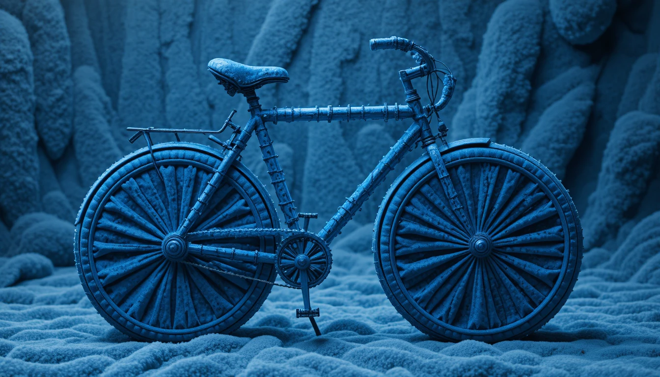 Surreal blue chenille bicycle in a dreamy abstract scene