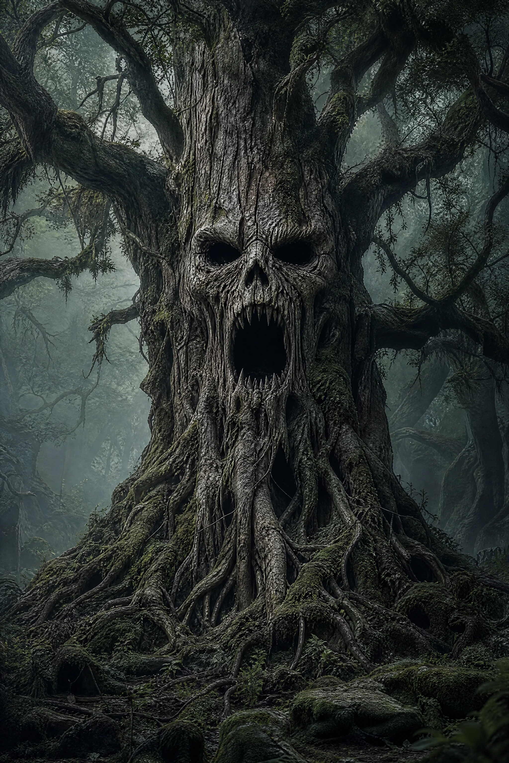 Ancient screaming tree face in a misty dark forest