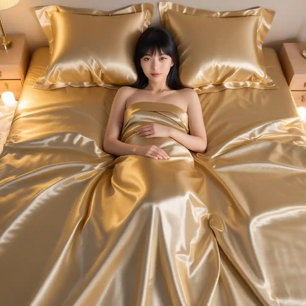 Japanese woman lying on glossy satin bed sheets