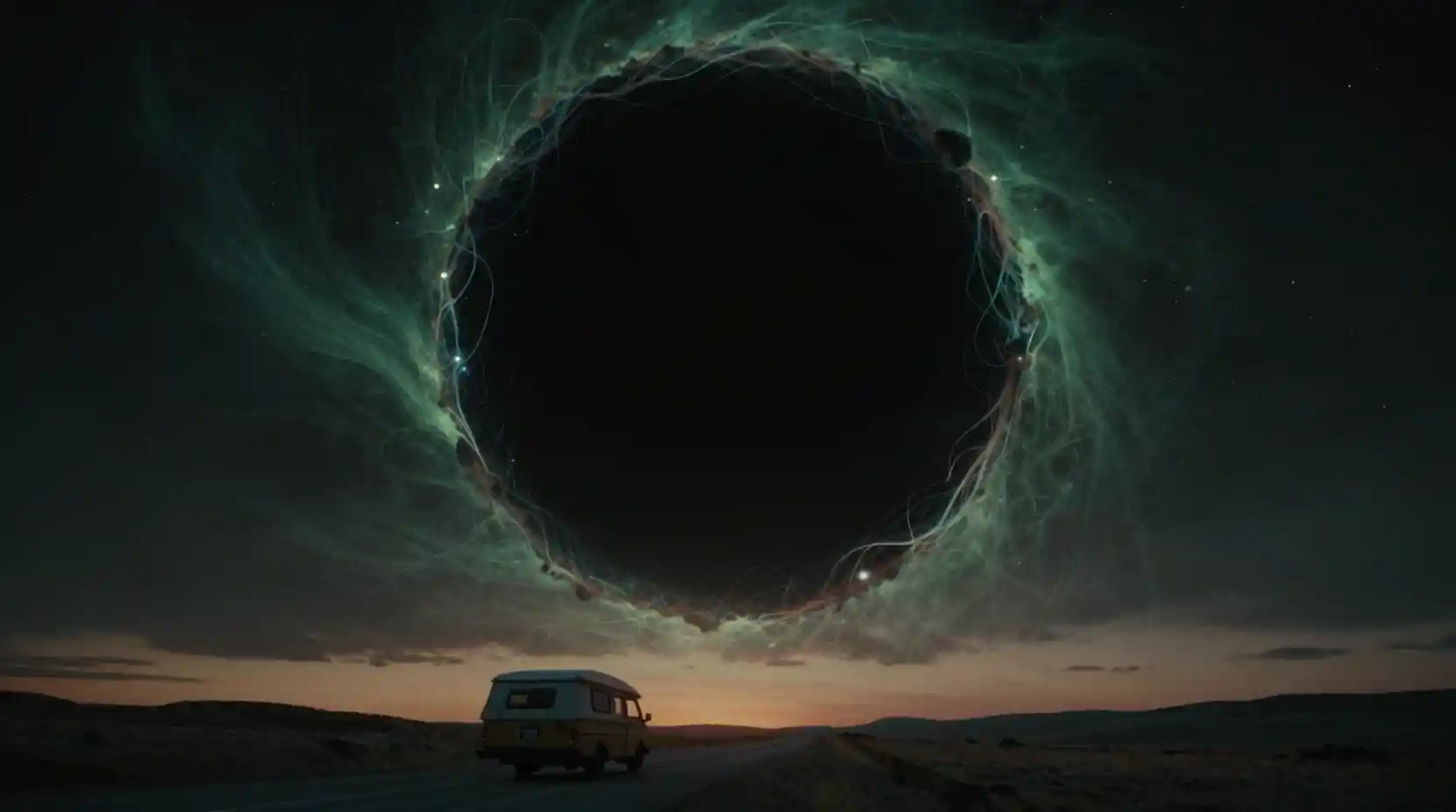 Cosmic horror poster with glowing black circle in space