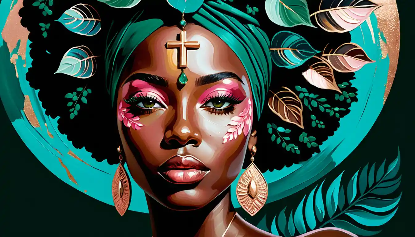 Serene black woman portrait with moonlit floral halo