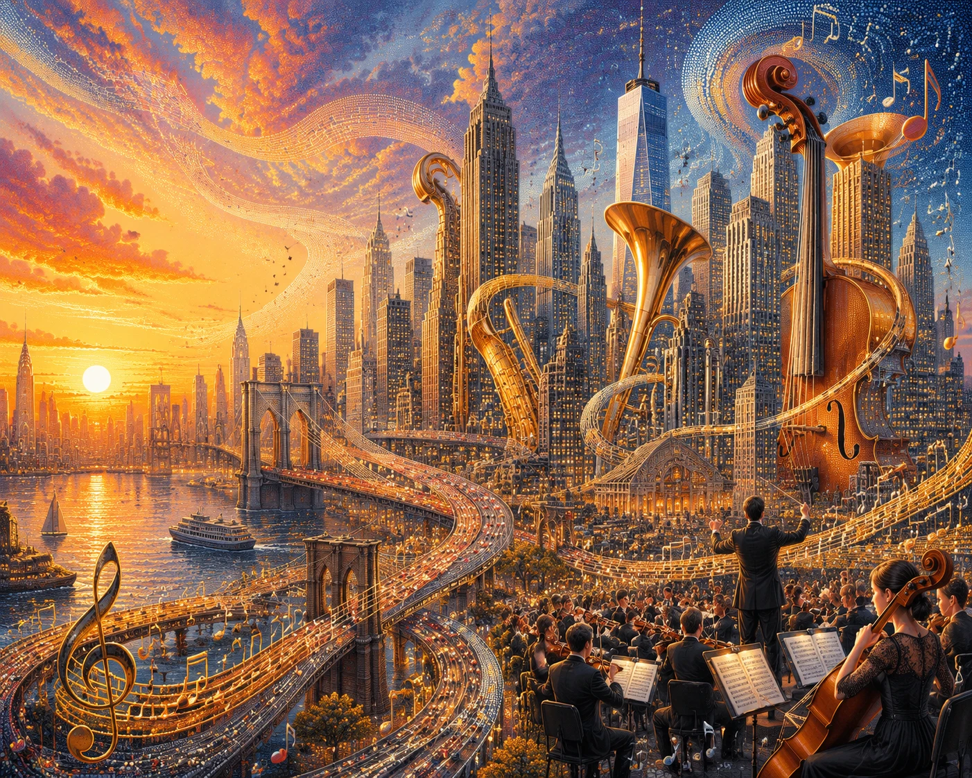 Ciudad surrealista que se fusiona con orquesta en un paisaje urbano fluido