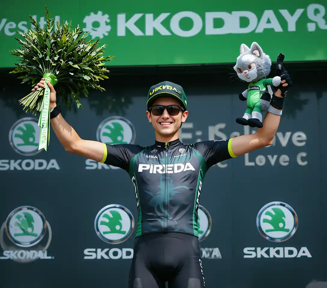 Male cyclist celebrating victory on a green sponsor podium