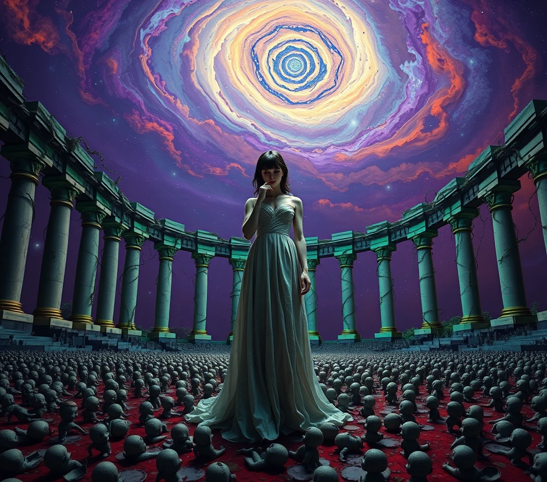 Woman standing alone in a decaying celestial amphitheater