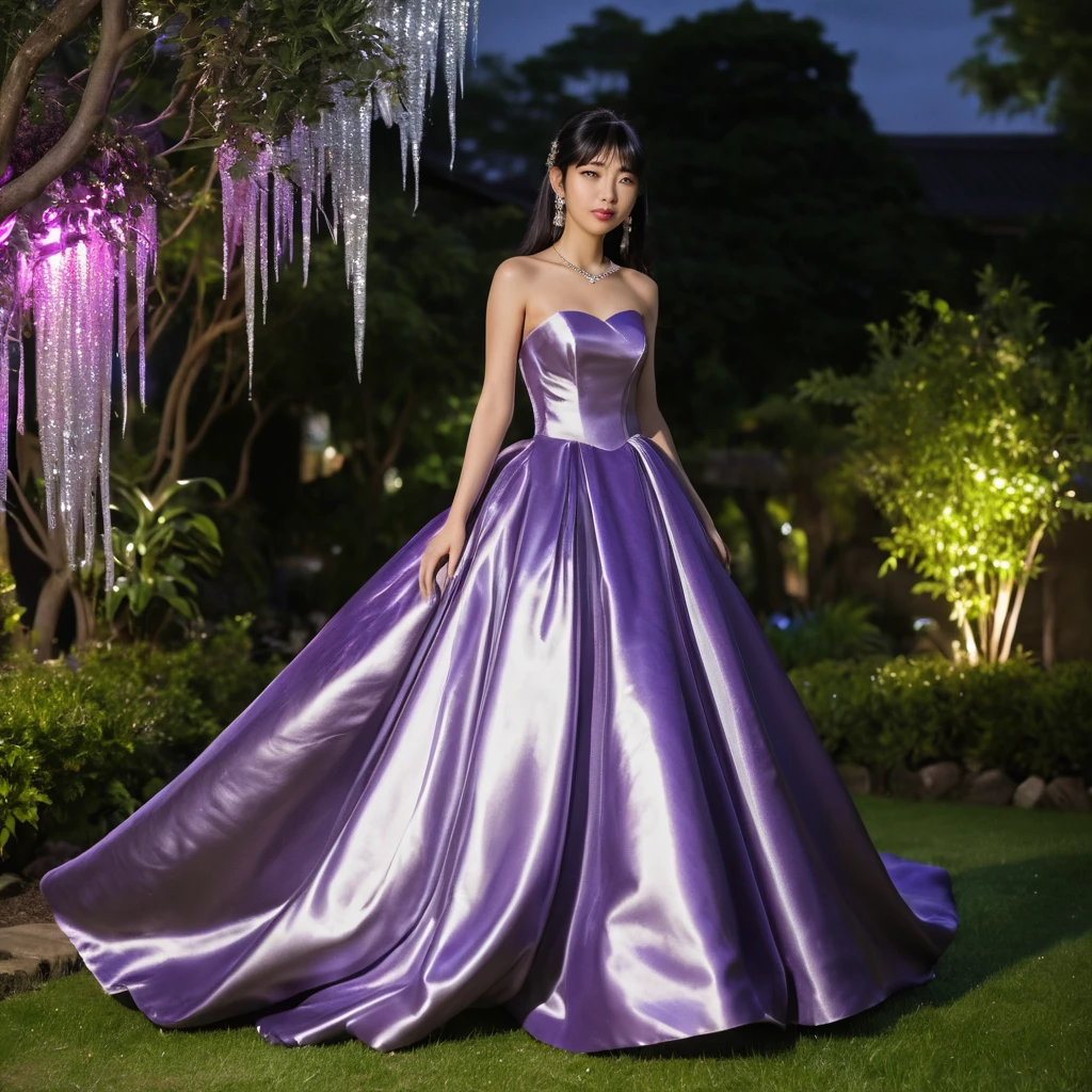 Elegant Japanese girl in purple satin gown at night