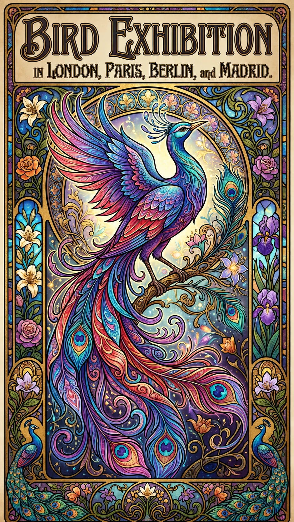 Jugendstil-Poster mit Paradiesvogel und kunstvollen Rahmen