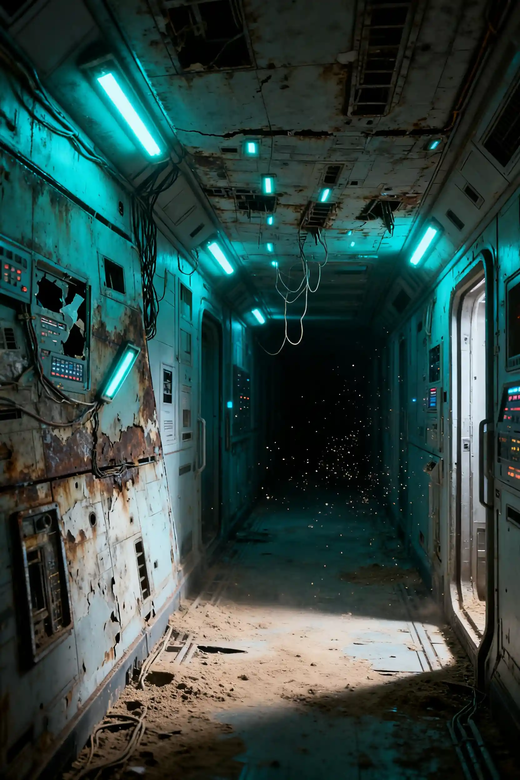 Ancient derelict spaceship drifting in the dark void of space
