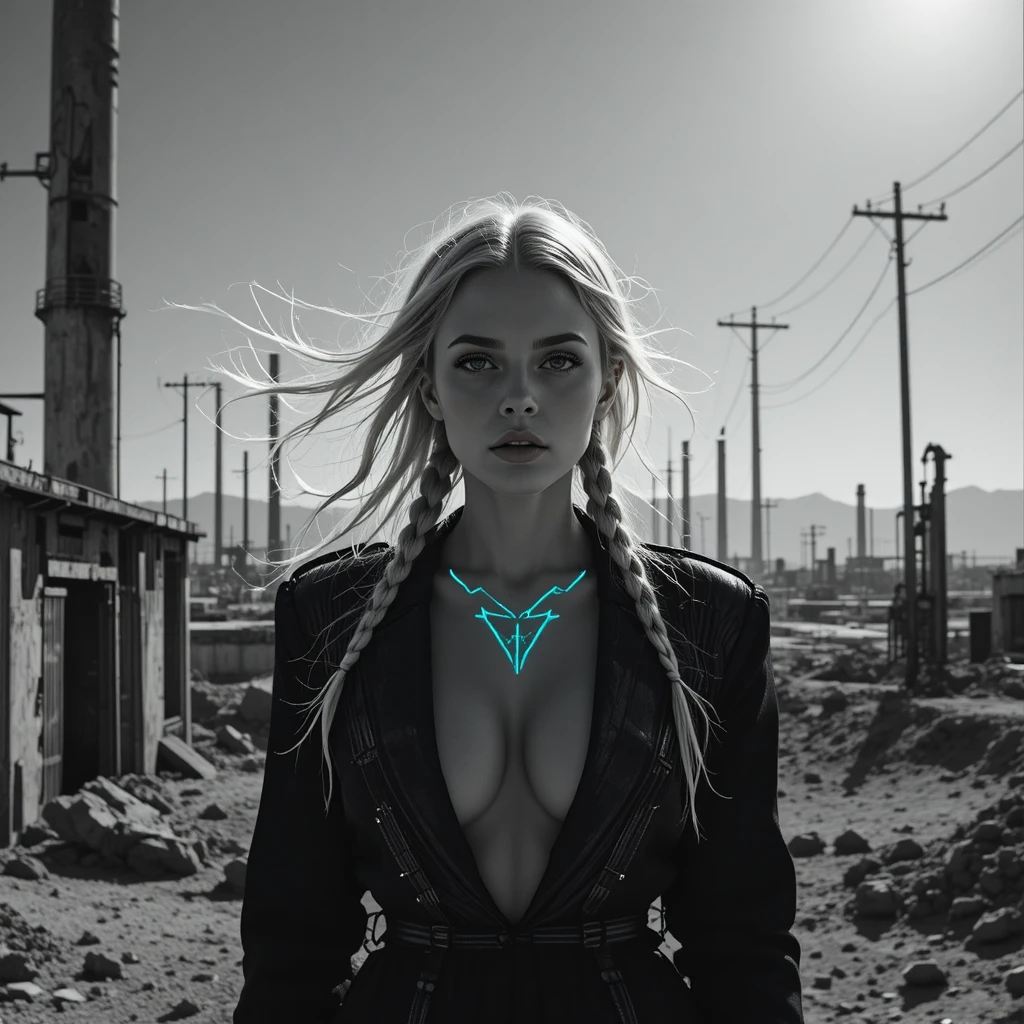Noir cyberpunk woman in ruins of industrial desert facility