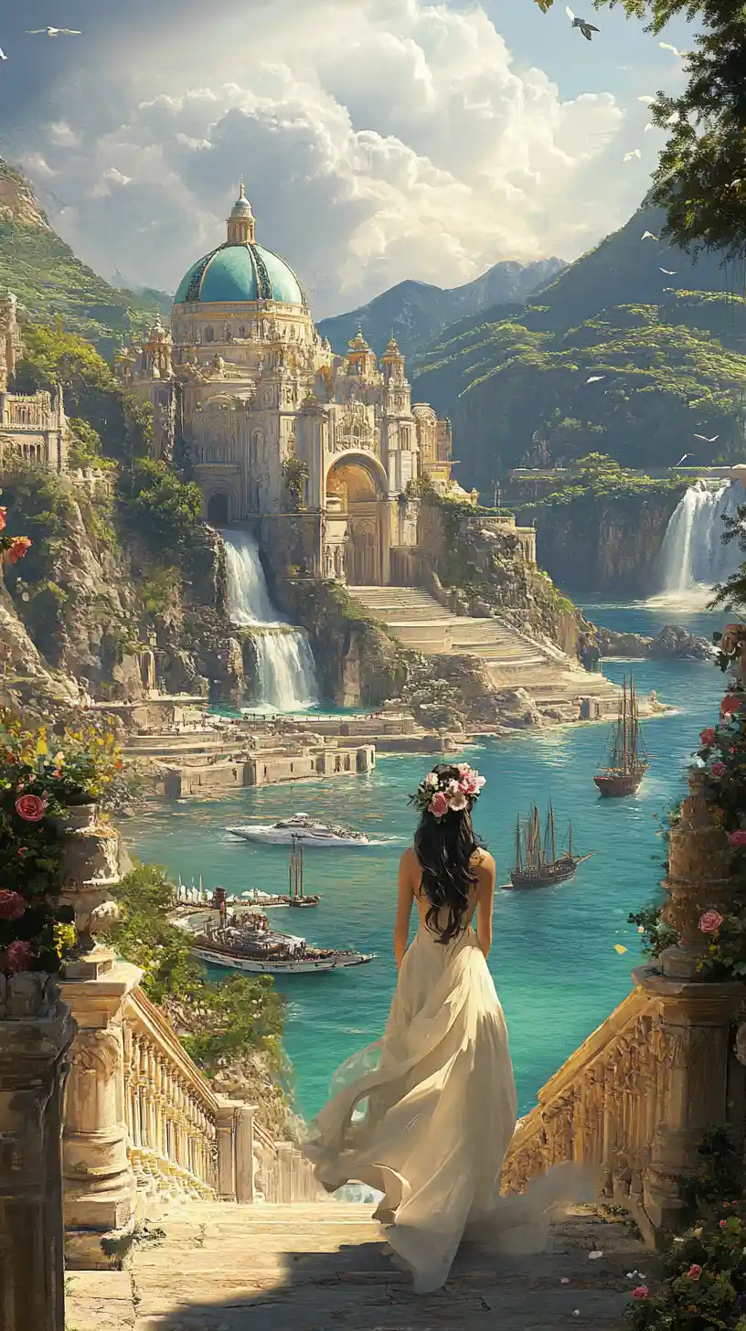 Woman in ivory gown before a cliffside fantasy palace