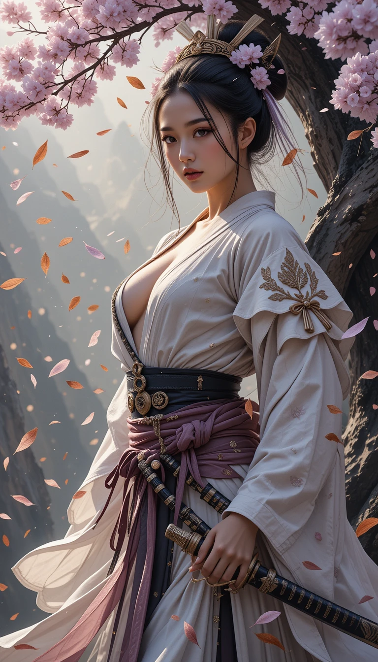 Asian samurai woman with katanas under falling cherry blossoms